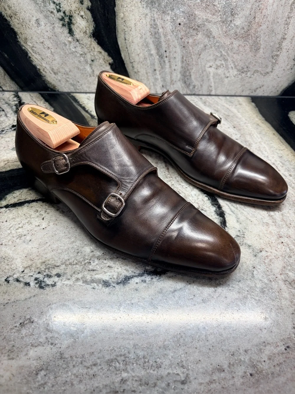 Santoni Fatte a Mano Brown Double Monk Strap Shoes UK 8.5 US 9.5 Handmade Italy